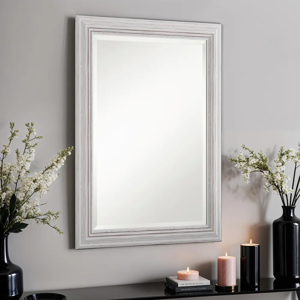 Distressed Bevelled Wall Mirror - White