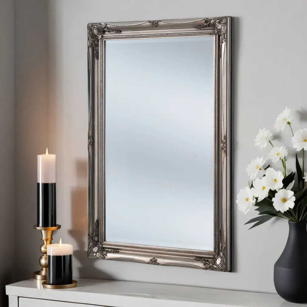 French Style Carved Bevelled Mirror - Silver