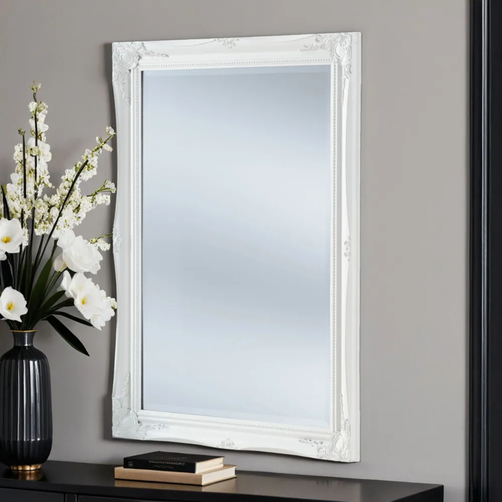 French Style Carved Bevelled Mirror - White
