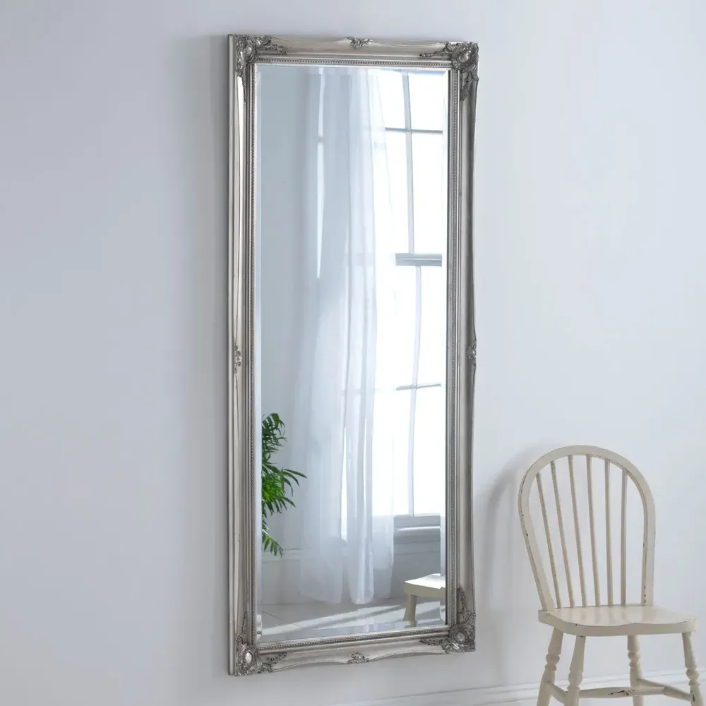 French Style Carved Full Length Bevelled Mirror - Silver
