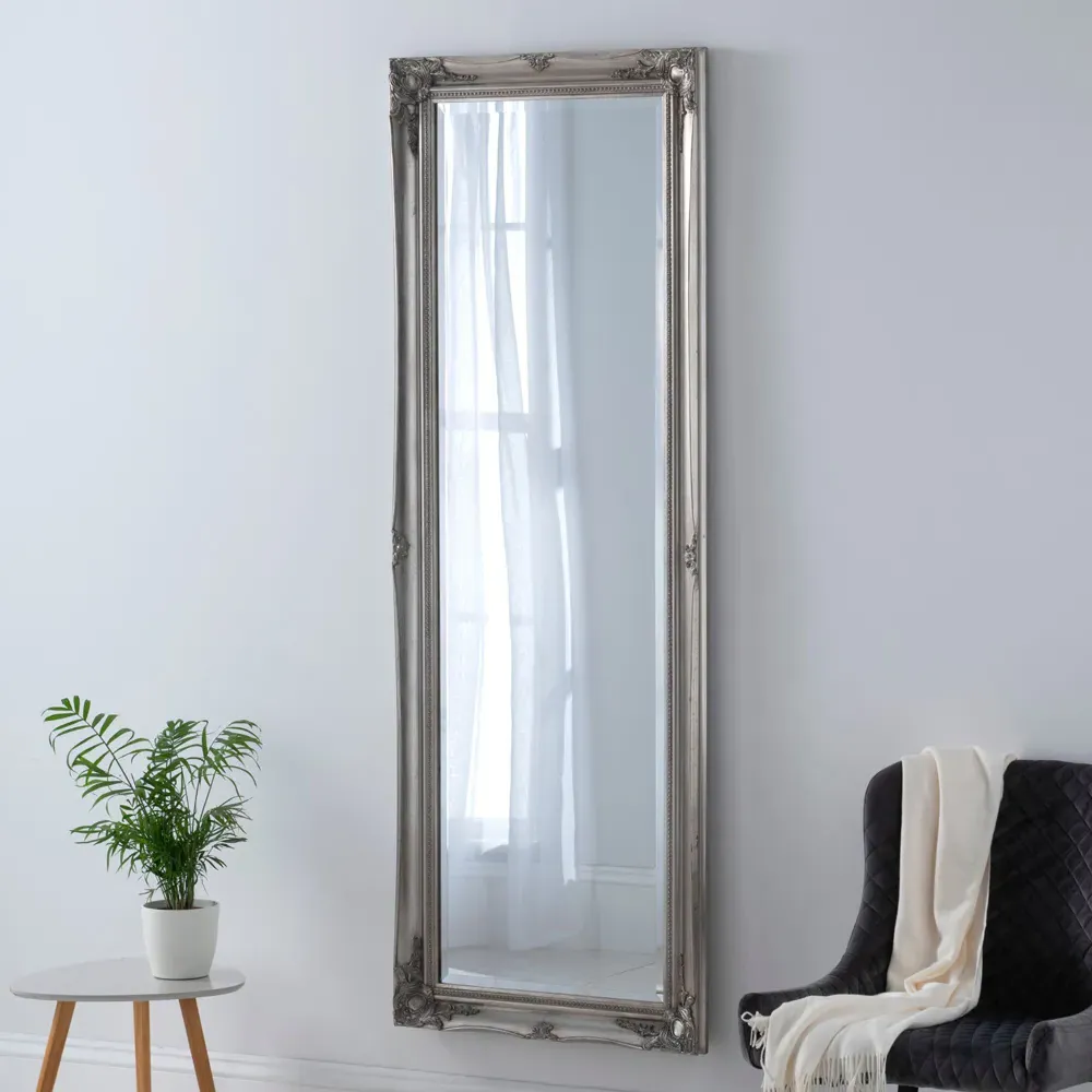 French Style Carved Full Length Bevelled Mirror - Silver