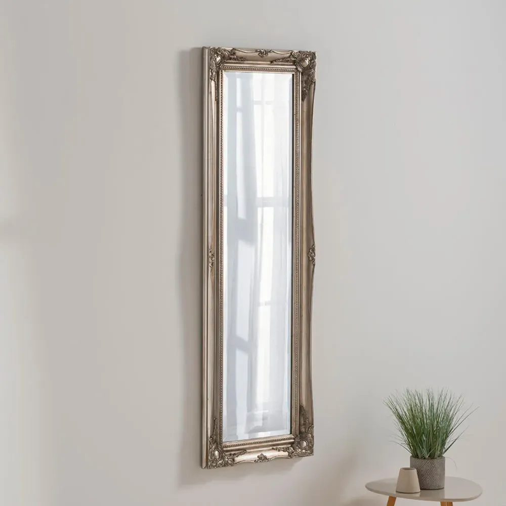 French Style Carved Narrow Bevelled Mirror - Silver
