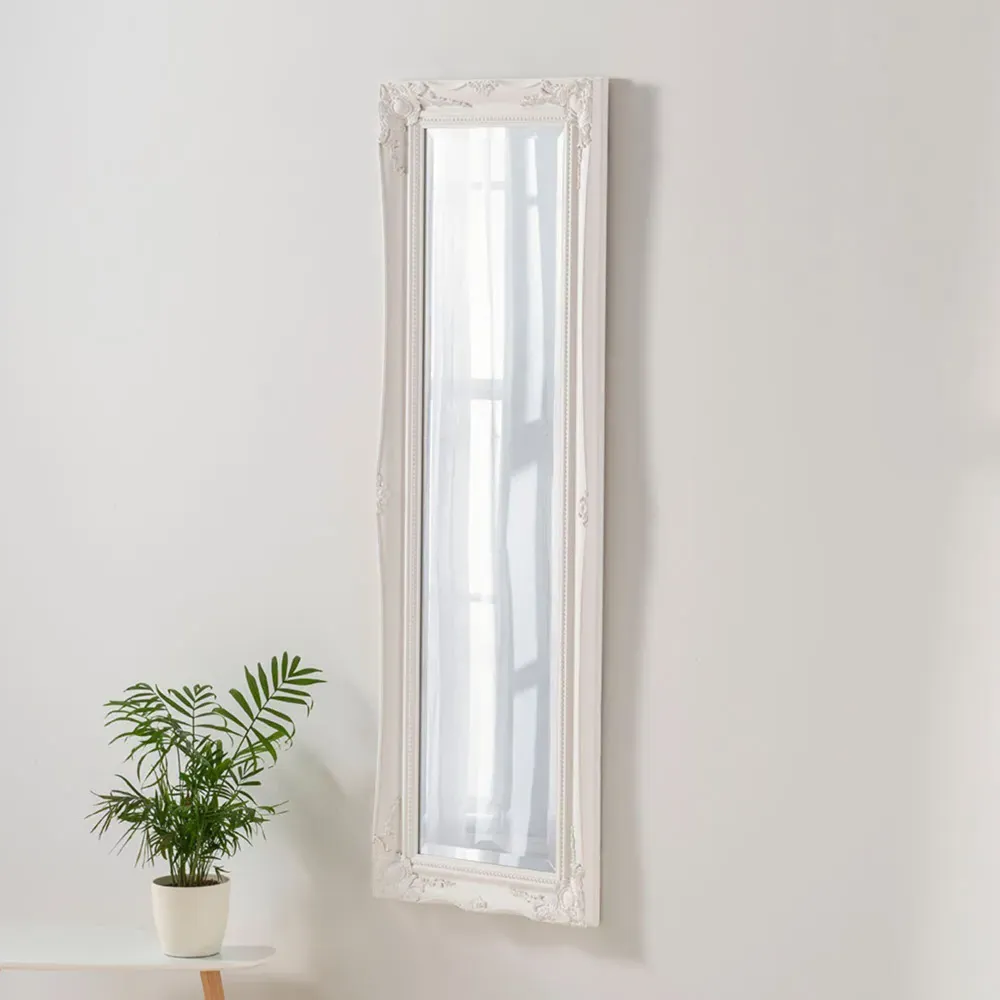 French Style Carved Narrow Bevelled Mirror - White