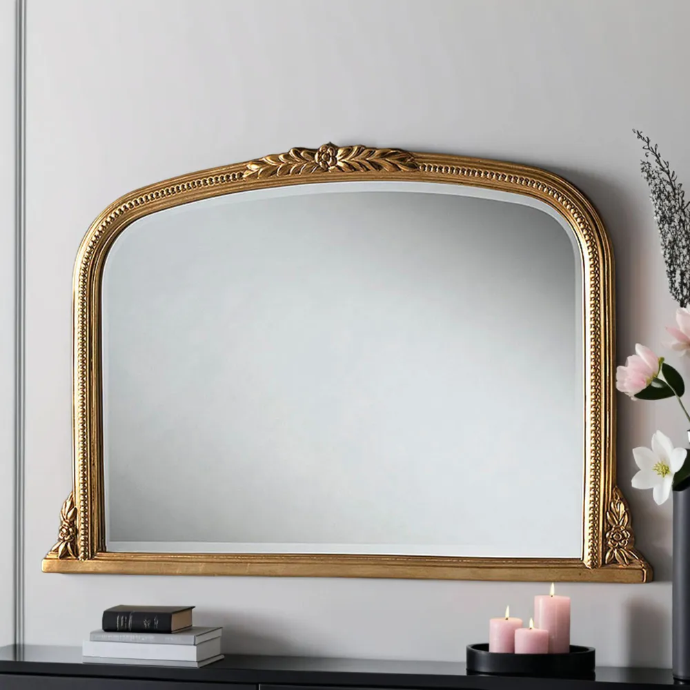 Gold Beaded Overmantle Bevelled Mirror - Gold