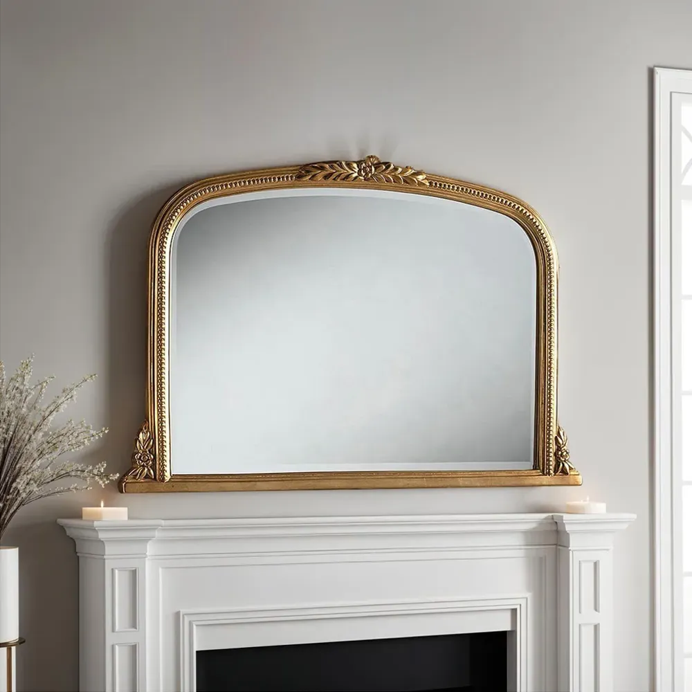 Gold Beaded Overmantle Bevelled Mirror - Gold