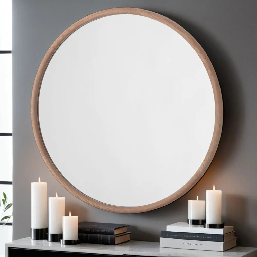 Solid Oak Round Wall Mirror 90cm - Brown