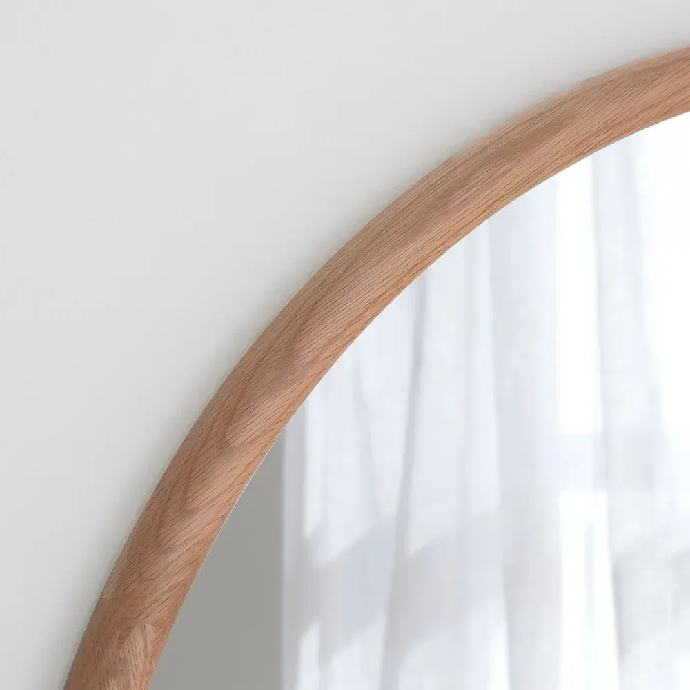 Solid Oak Round Wall Mirror 90cm - Brown