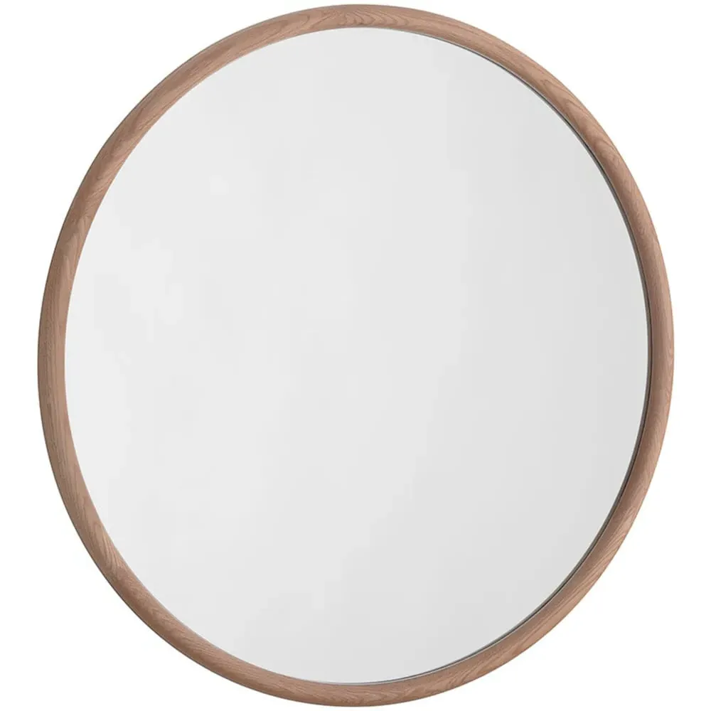 Solid Oak Round Wall Mirror 90cm - Brown image