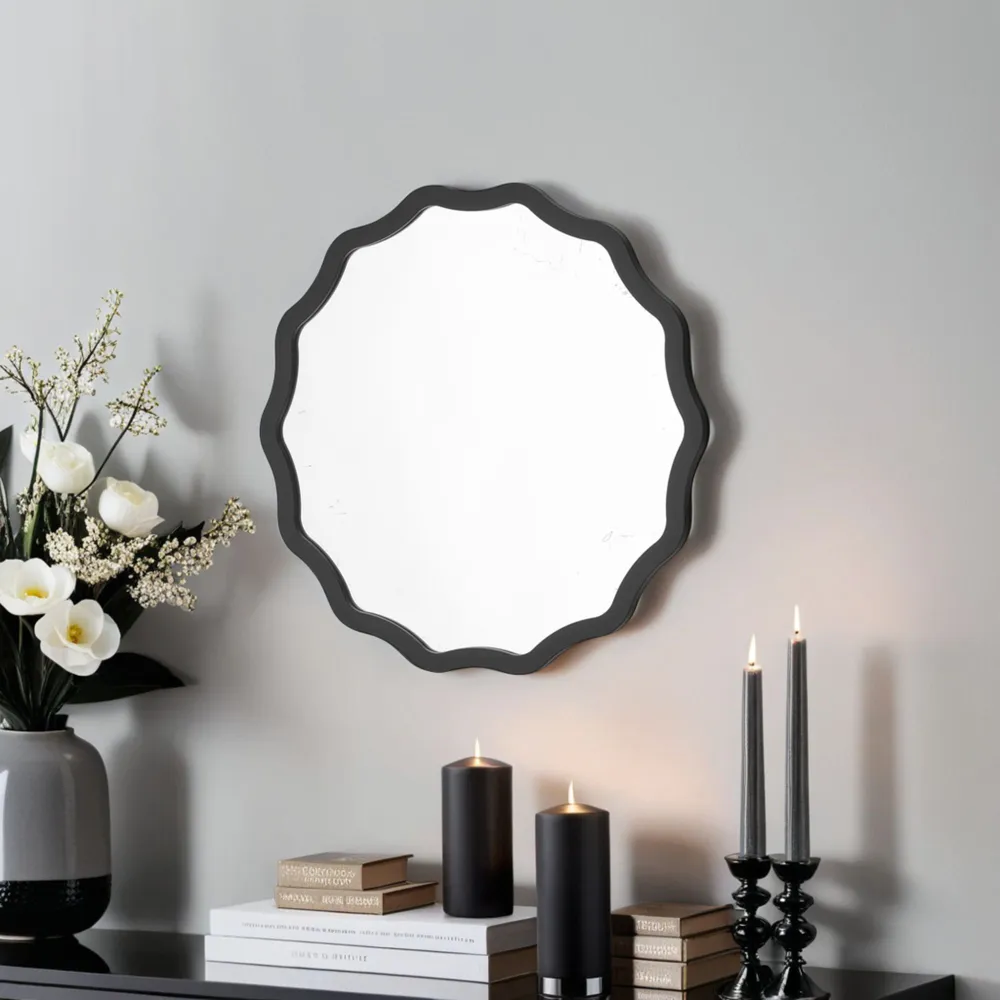 Wavy Ripple Edged Round Mirror 40cm - Black, Wood