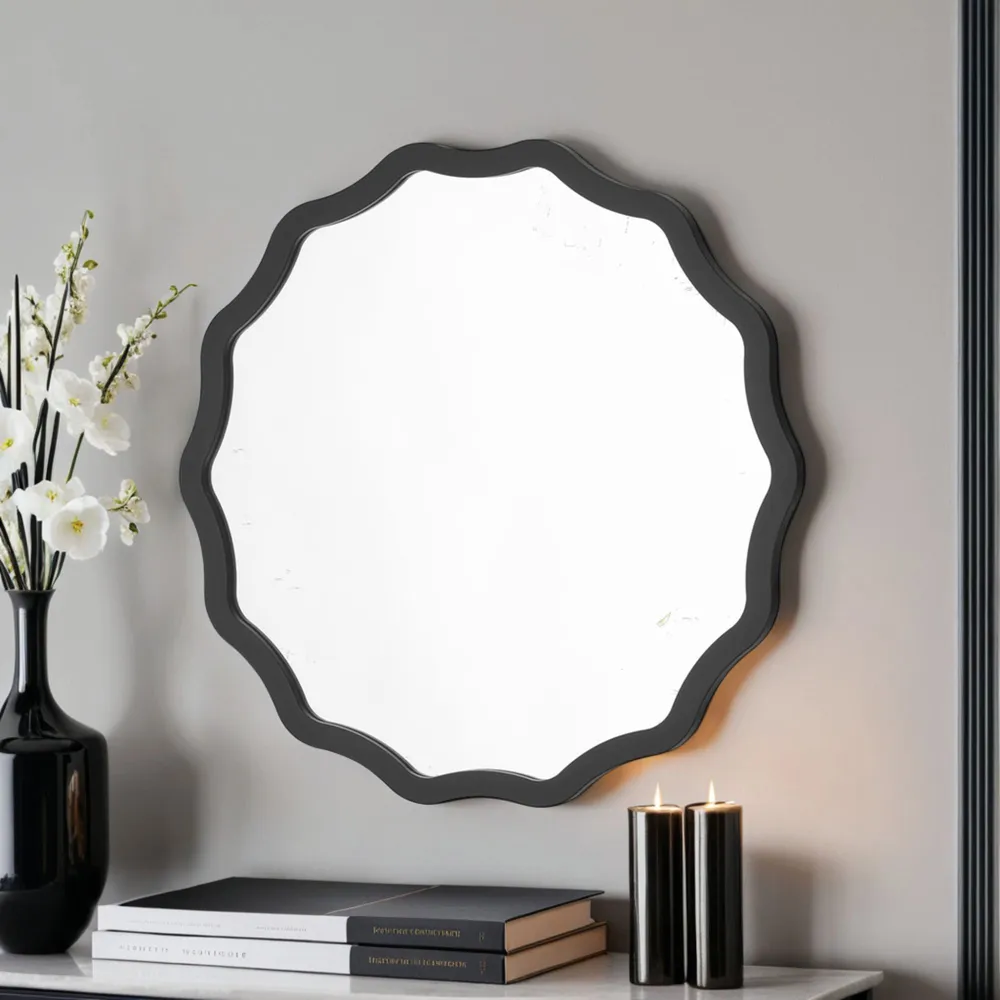 Wavy Ripple Edged Round Mirror 60cm - Black, Wood