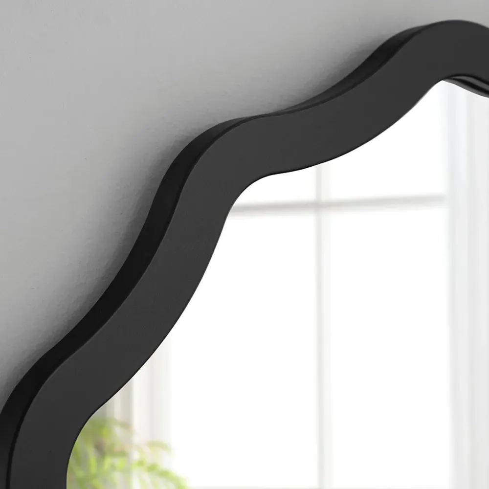 Wavy Ripple Edged Round Mirror 60cm - Black, Wood