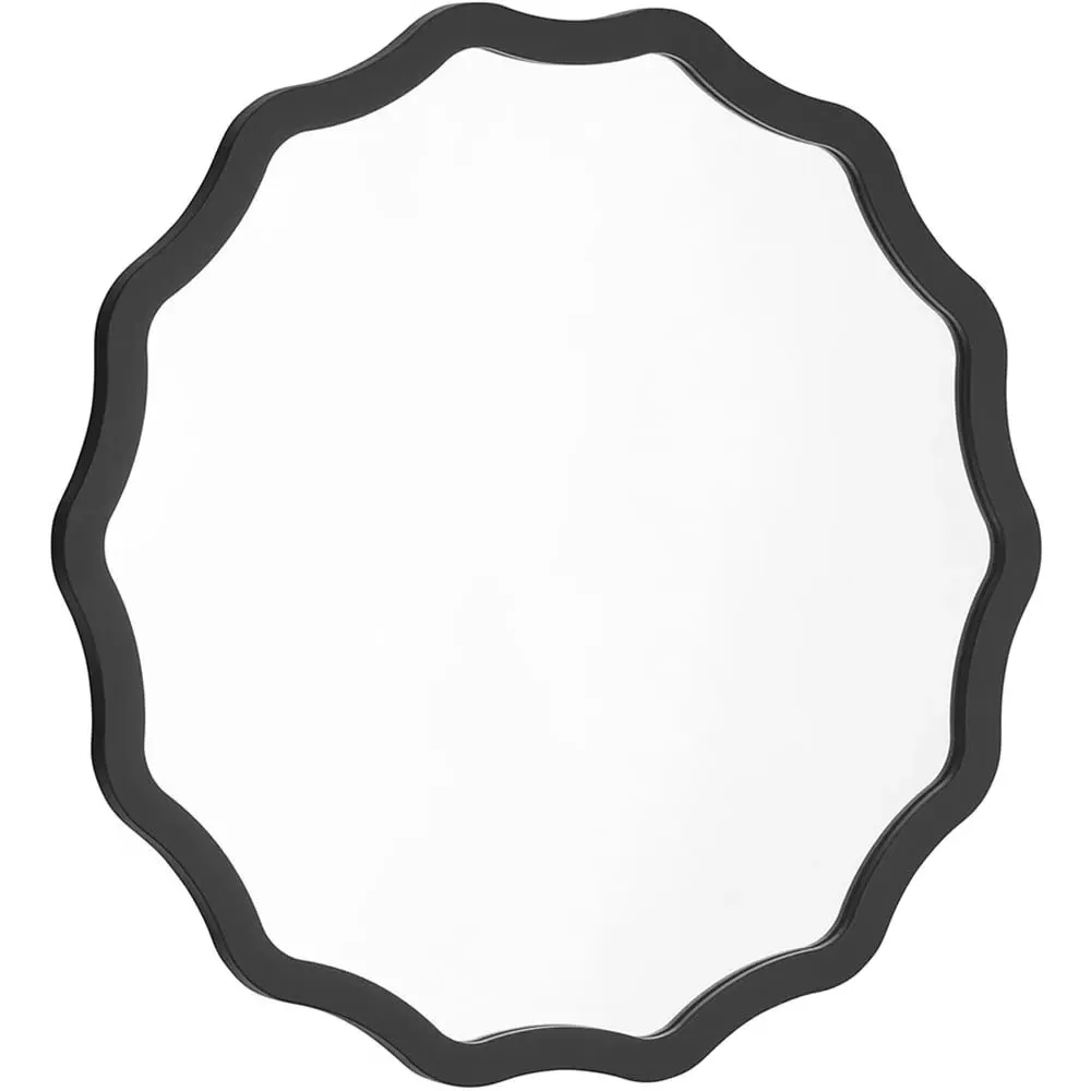 Wavy Ripple Edged Round Mirror 60cm - Black, Wood