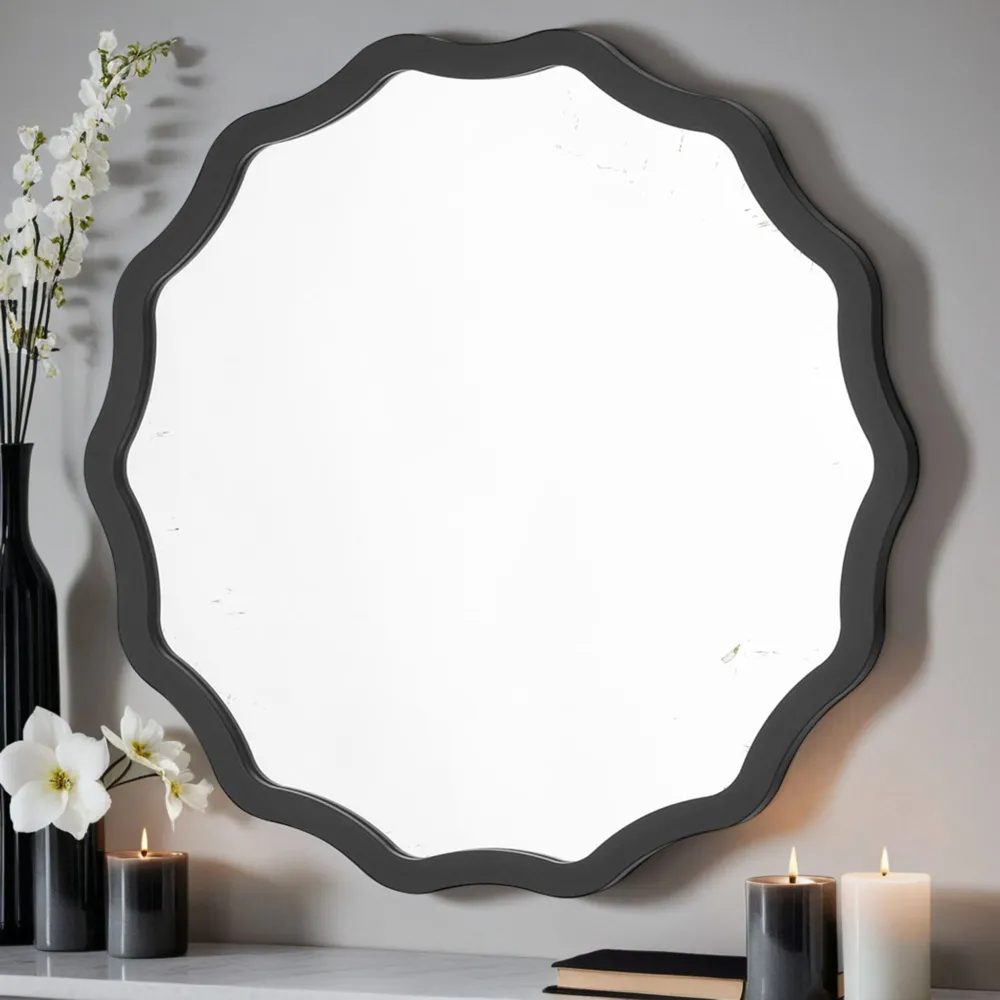 Wavy Ripple Edged Round Mirror 90cm - Black, Wood