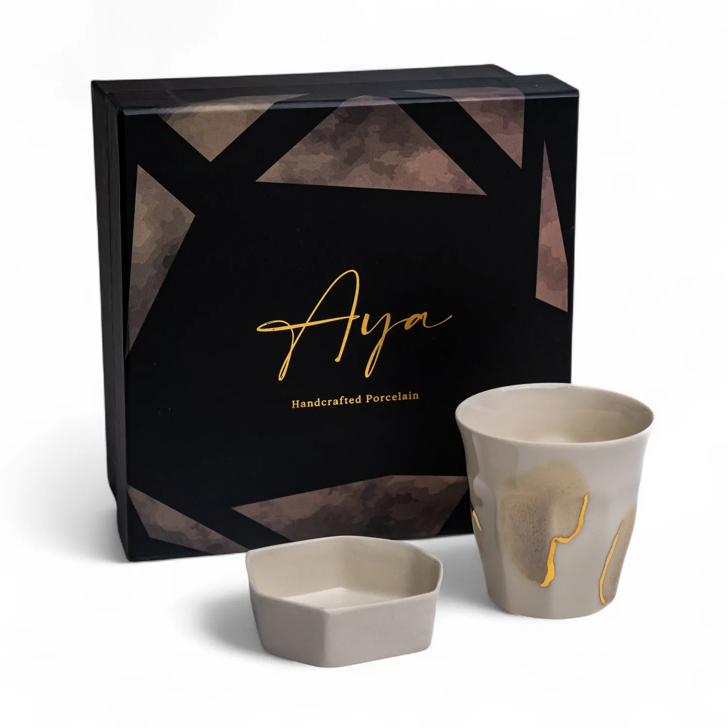 Aya Lumina Porcelain Cup & Bowl Gift Set - Gold, White
