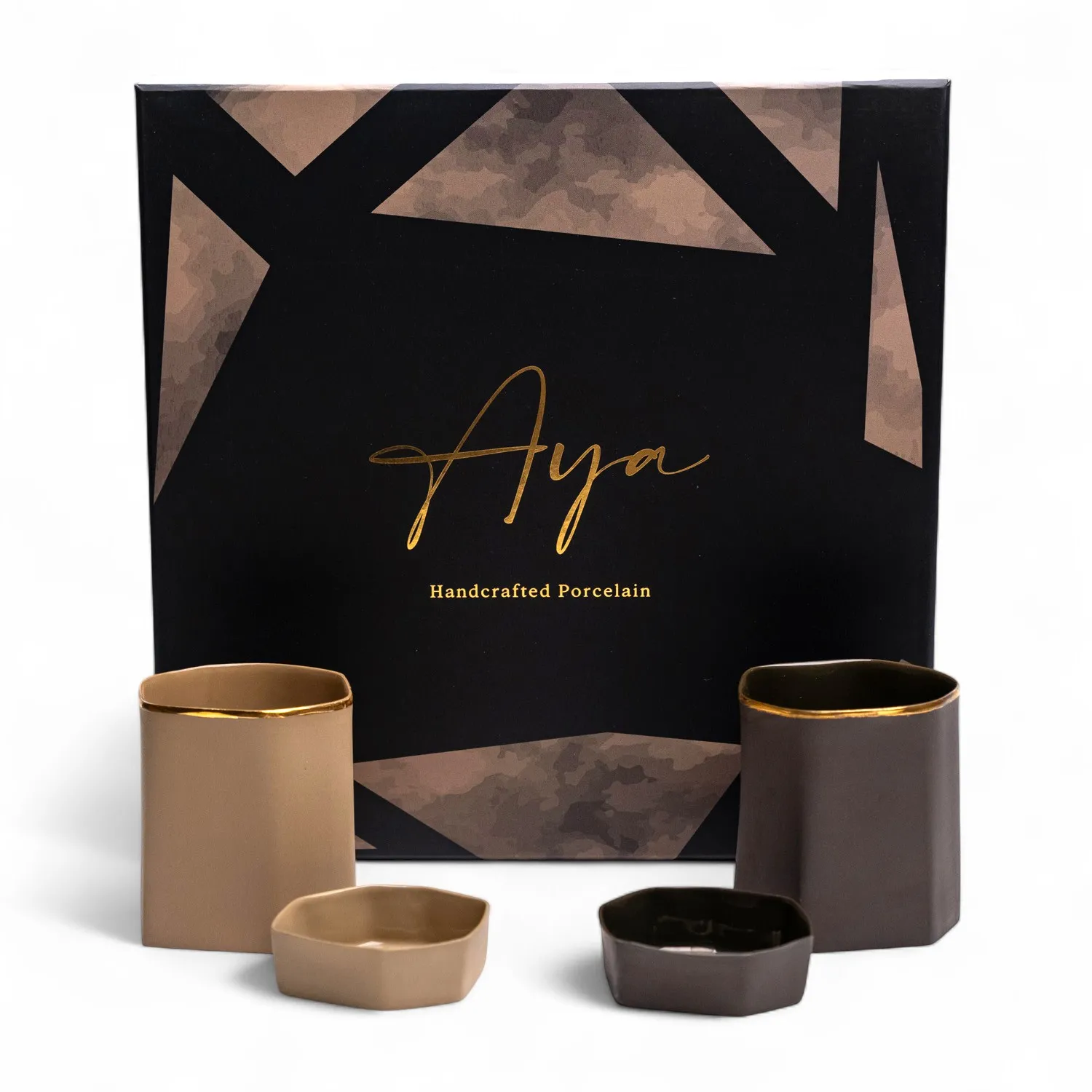 Perge Porcelain Cup & Treat Bowl Gift Set - Black, Gold