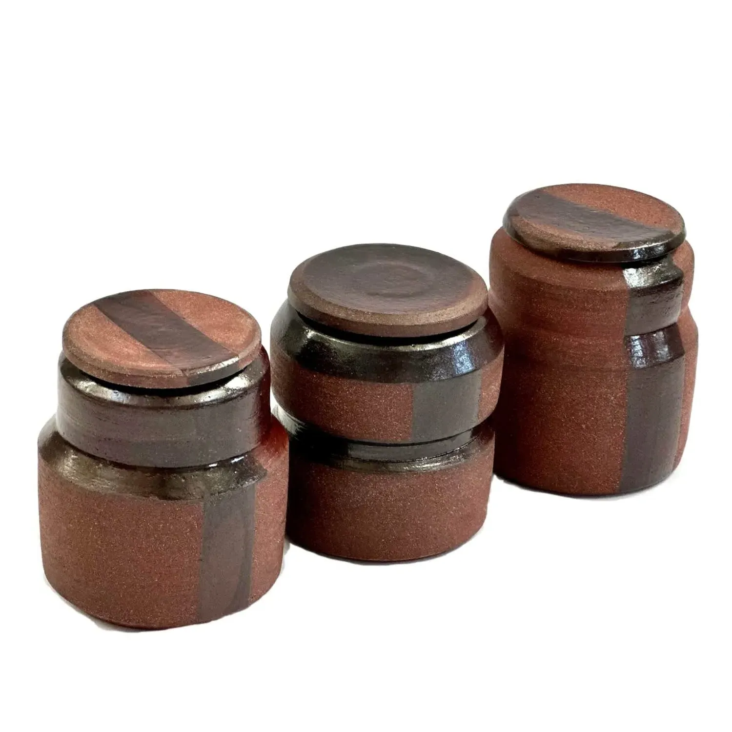 Handmade Ceramic Jar Trio with Lids - Red/Brown