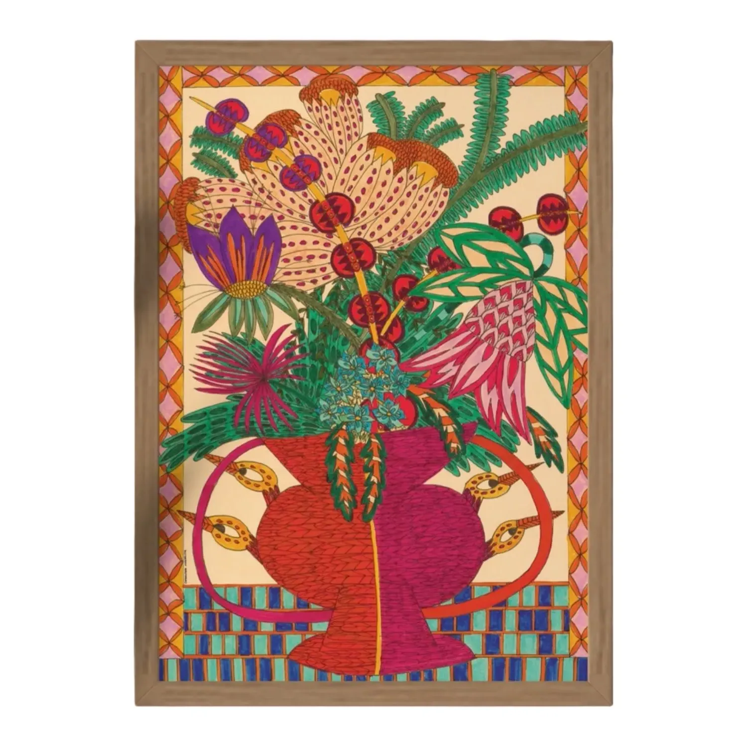 Les Oiseaux A3 Art Print with Oak Frame - Red image