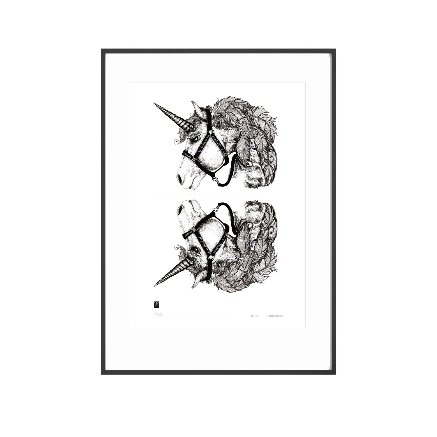 Curious Creatures Self Reflection Unicorn A3 Art Print - Black