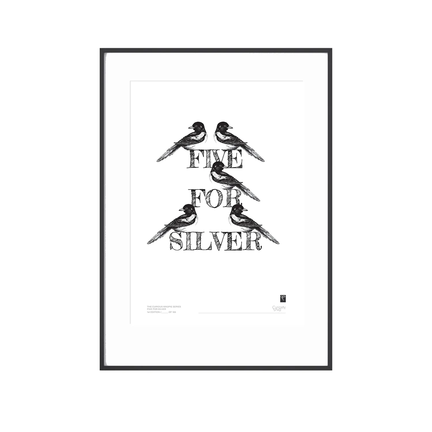 Magpie Series A3 Art Print - Five For Silver - Black