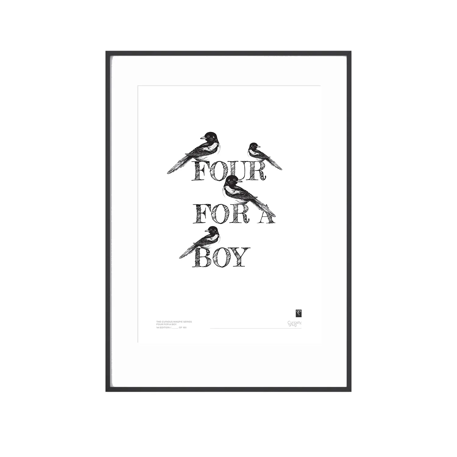 Magpie Series A3 Art Print - Four For Boy - Black