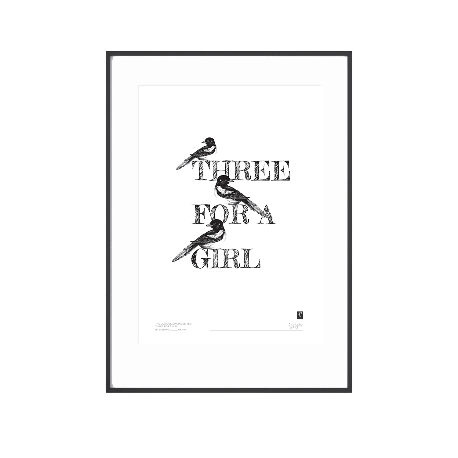 Magpie Series A3 Art Print - Three For A Girl - Black