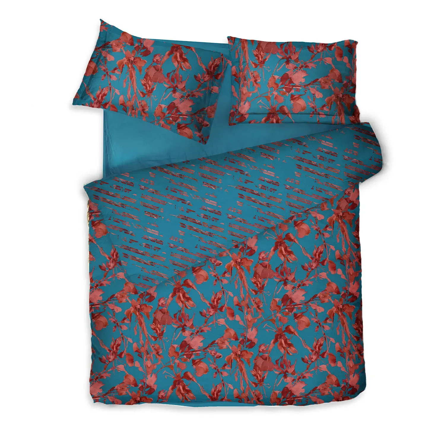 King Size Sateen Bed Linen Set - Blue/Red