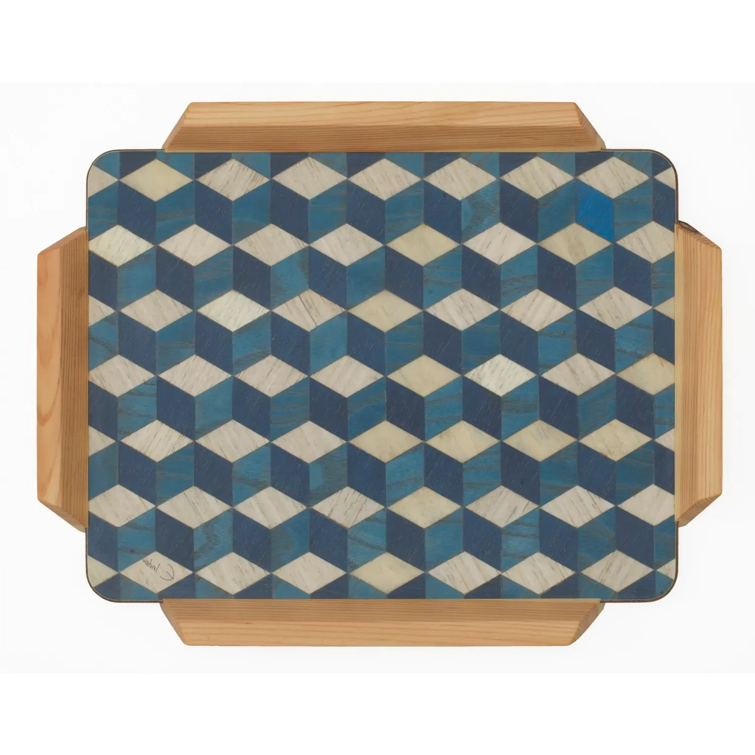 Large Serving Tray with Wooden Handles - Blue, Melamine