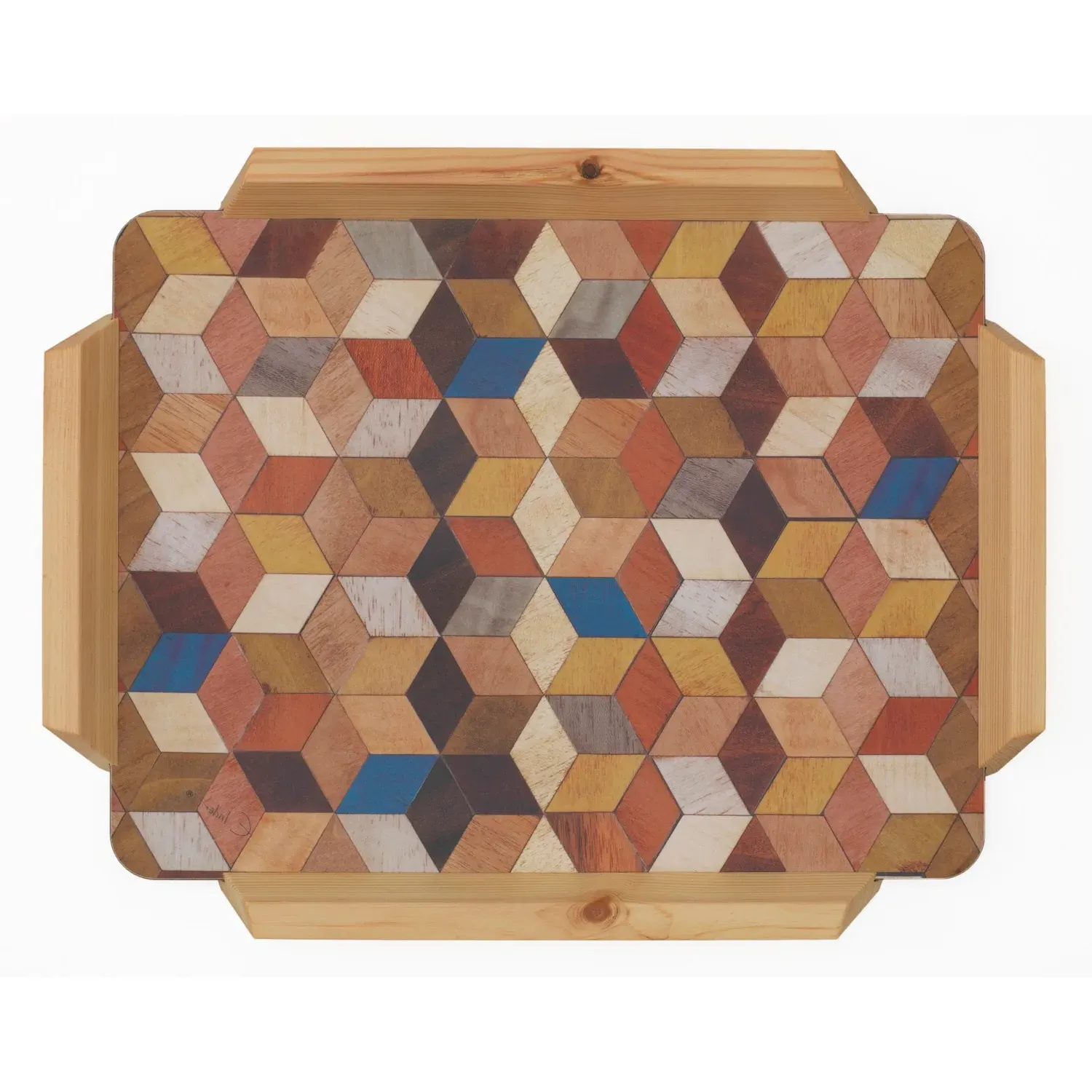 Leo Large Serving Tray with Wooden Handles - Blue, Melamine