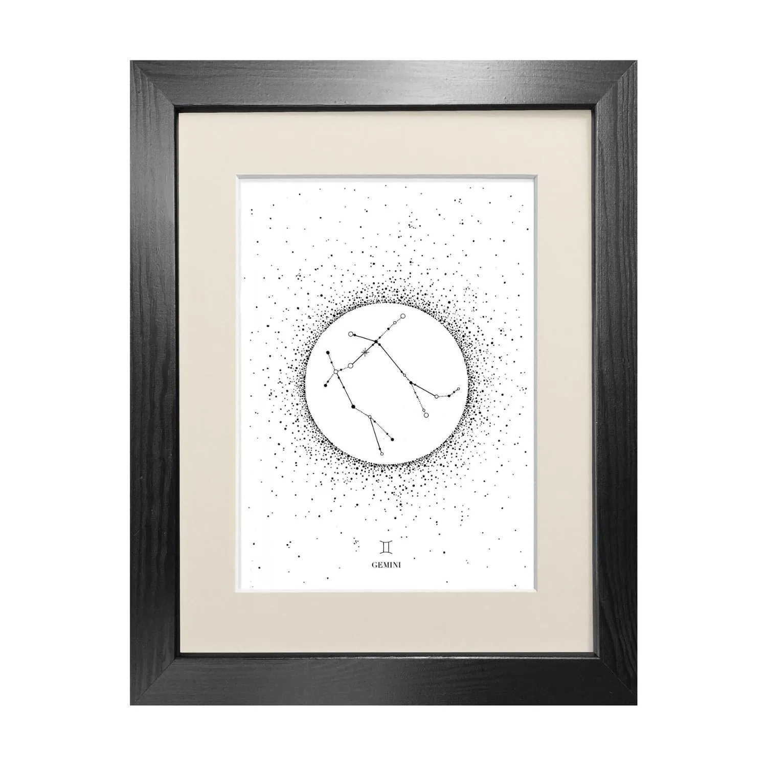 Gemini Star Sign A4 Fine Art Print - Black