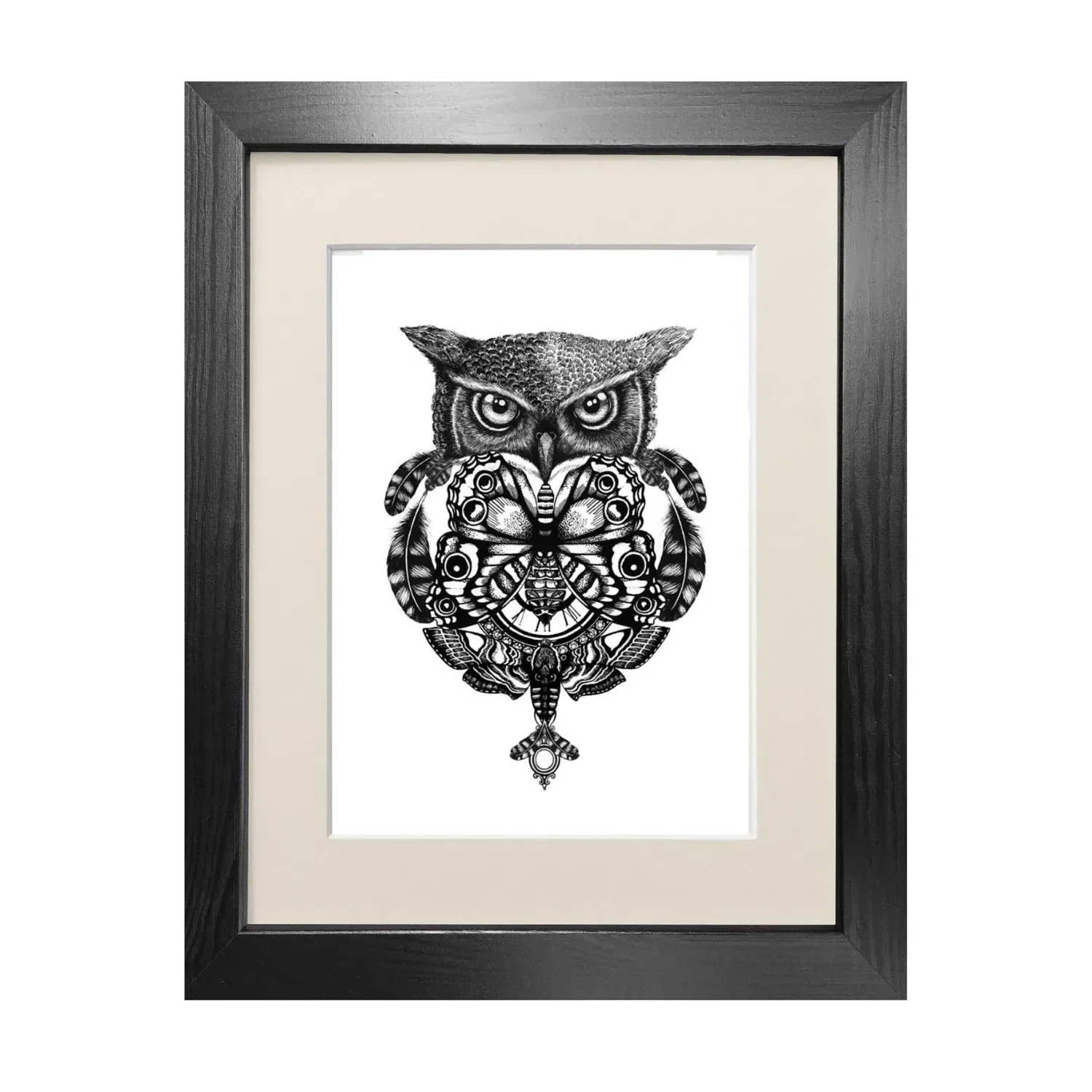 The Owl & Pocket Watch A4 Fine Art Print - Black