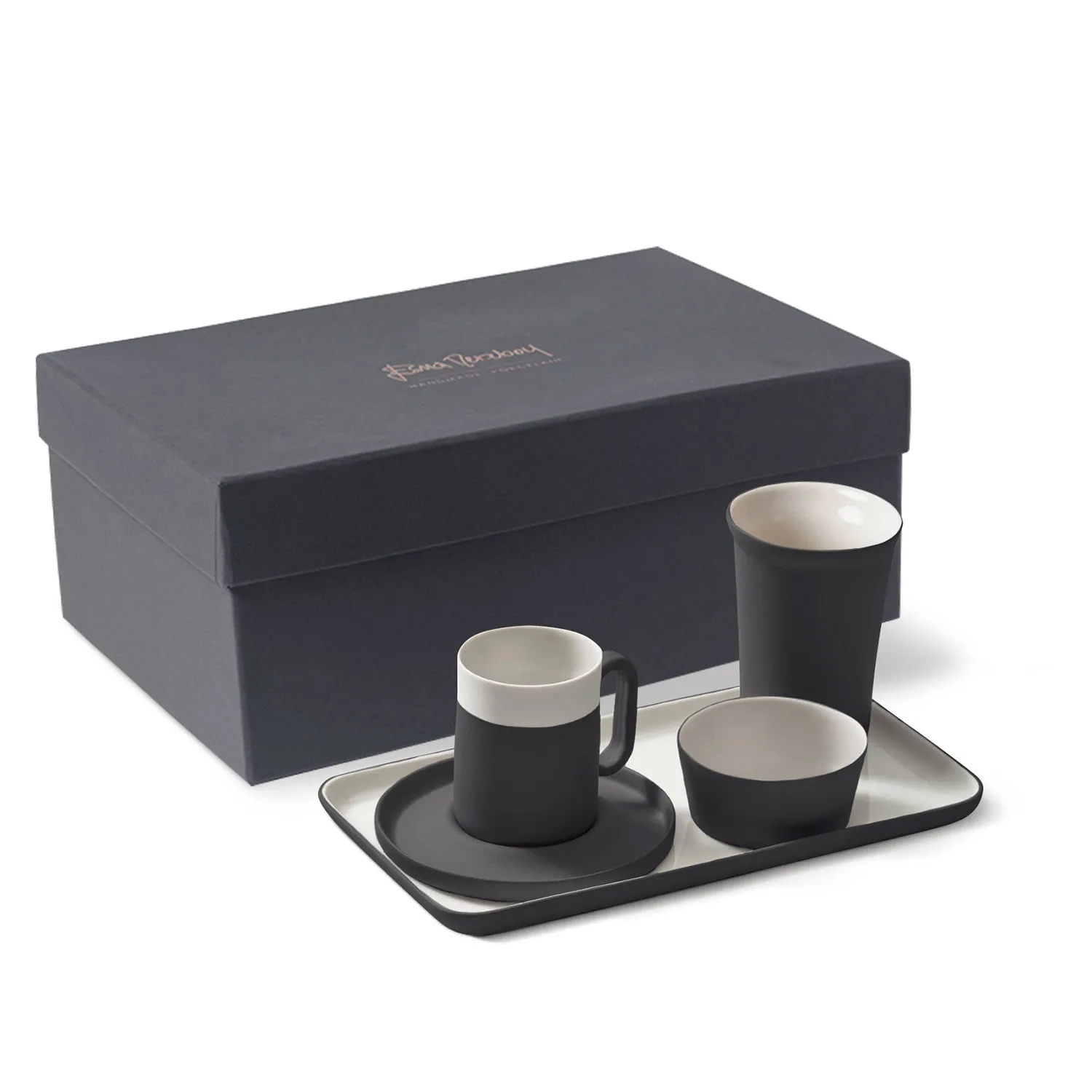 Capsule Espresso Cup with Rectangle Plate - Black/White, Porcelain