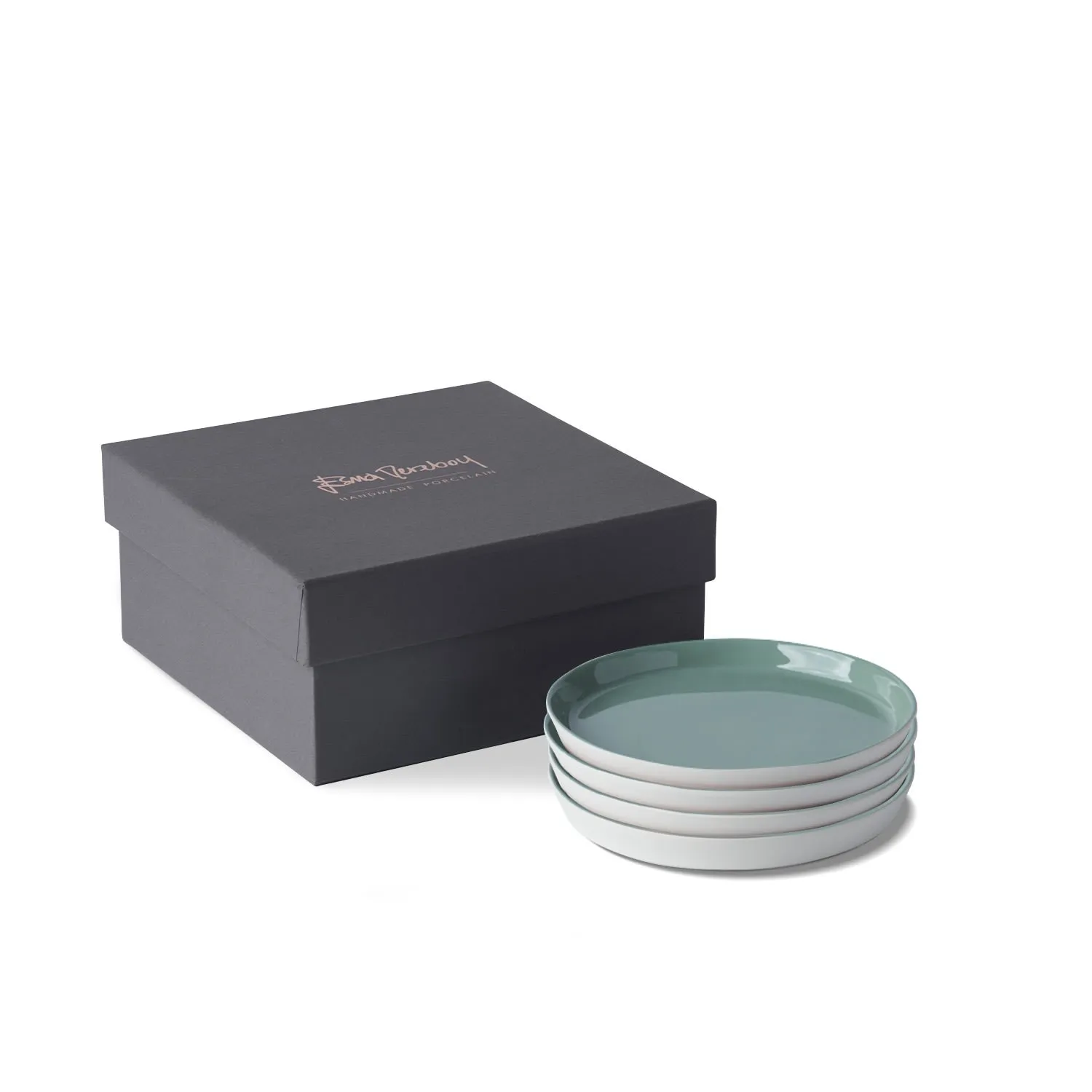 Round Bread Plate Set of Four - Green/White, Porcelain