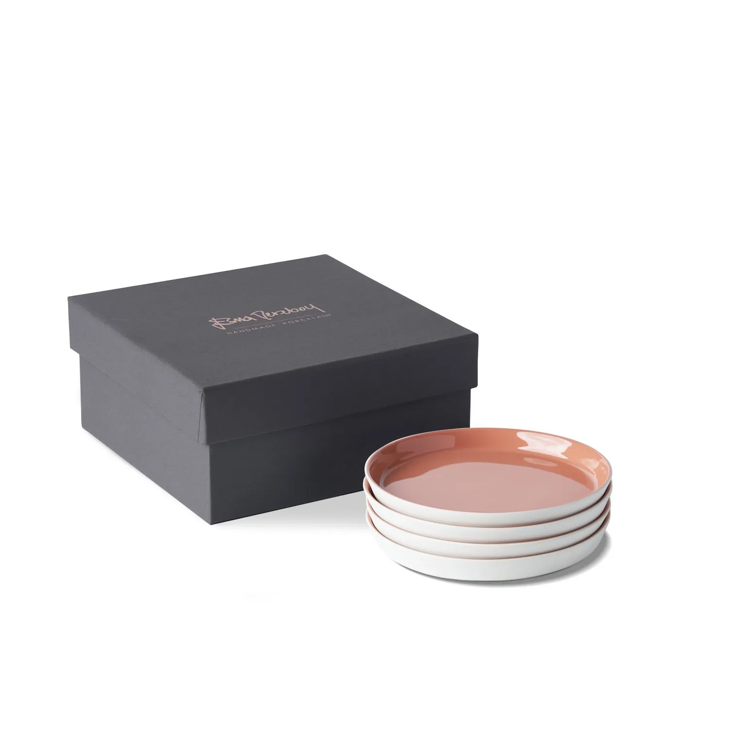 Round Bread Plate Set of Four - White/Orange, Porcelain