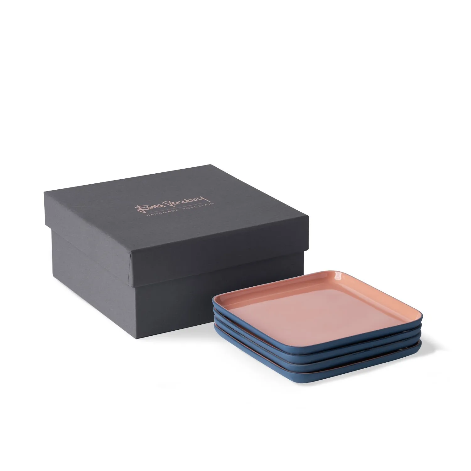 Square Bread Plate Set of Four - Blue/Red, Porcelain