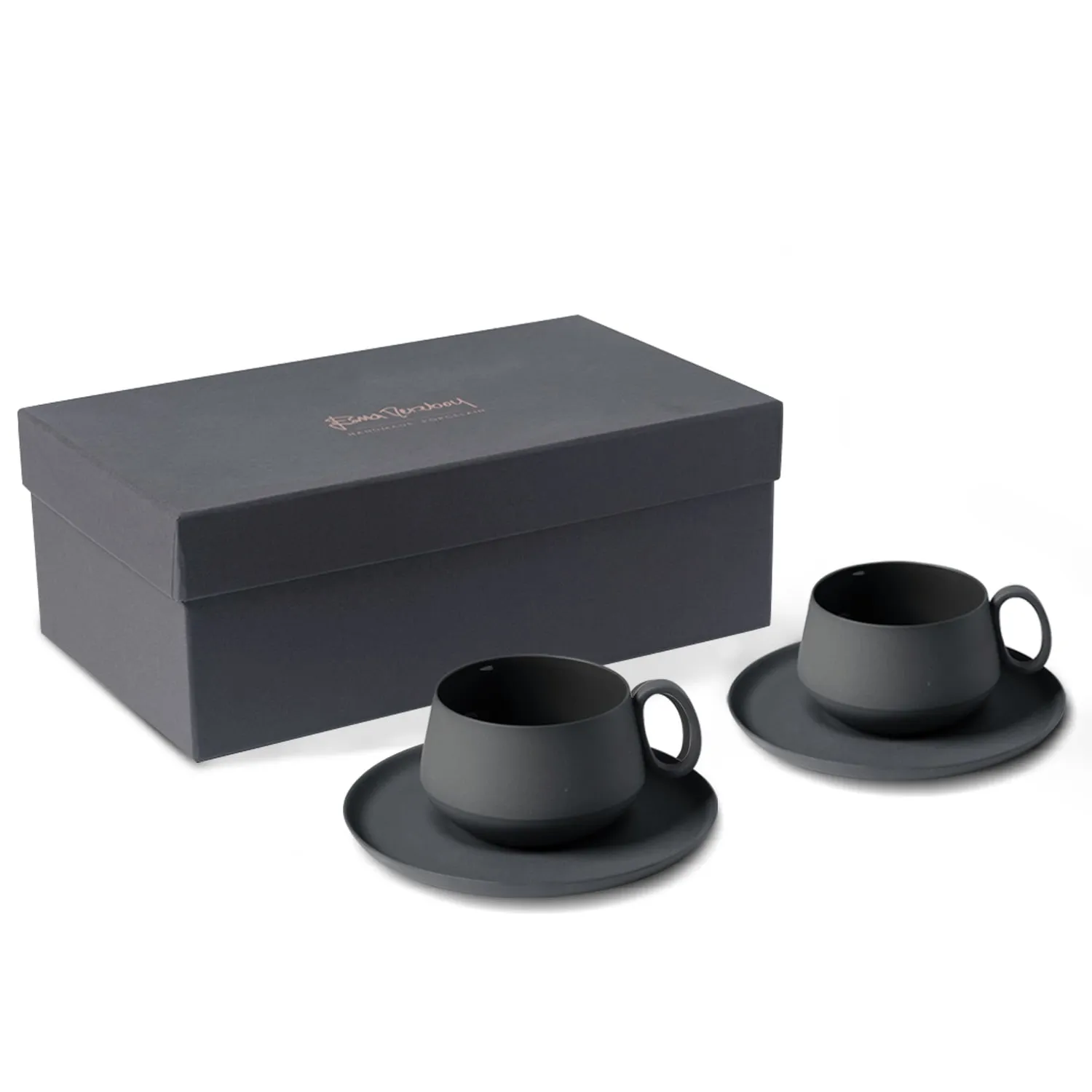 Tube Tea Cup Set of Two with Saucer - Black, Porcelain image
