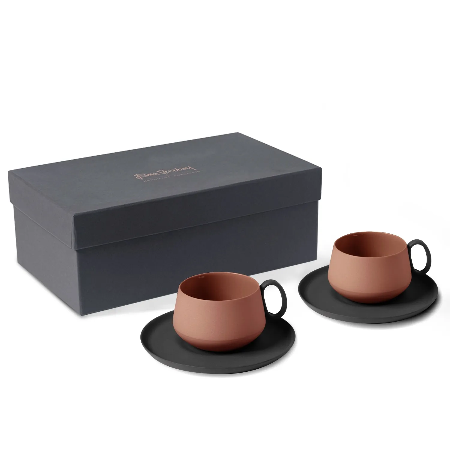 Tube Tea Cup Set of Two with Saucer - Black/Red, Porcelain