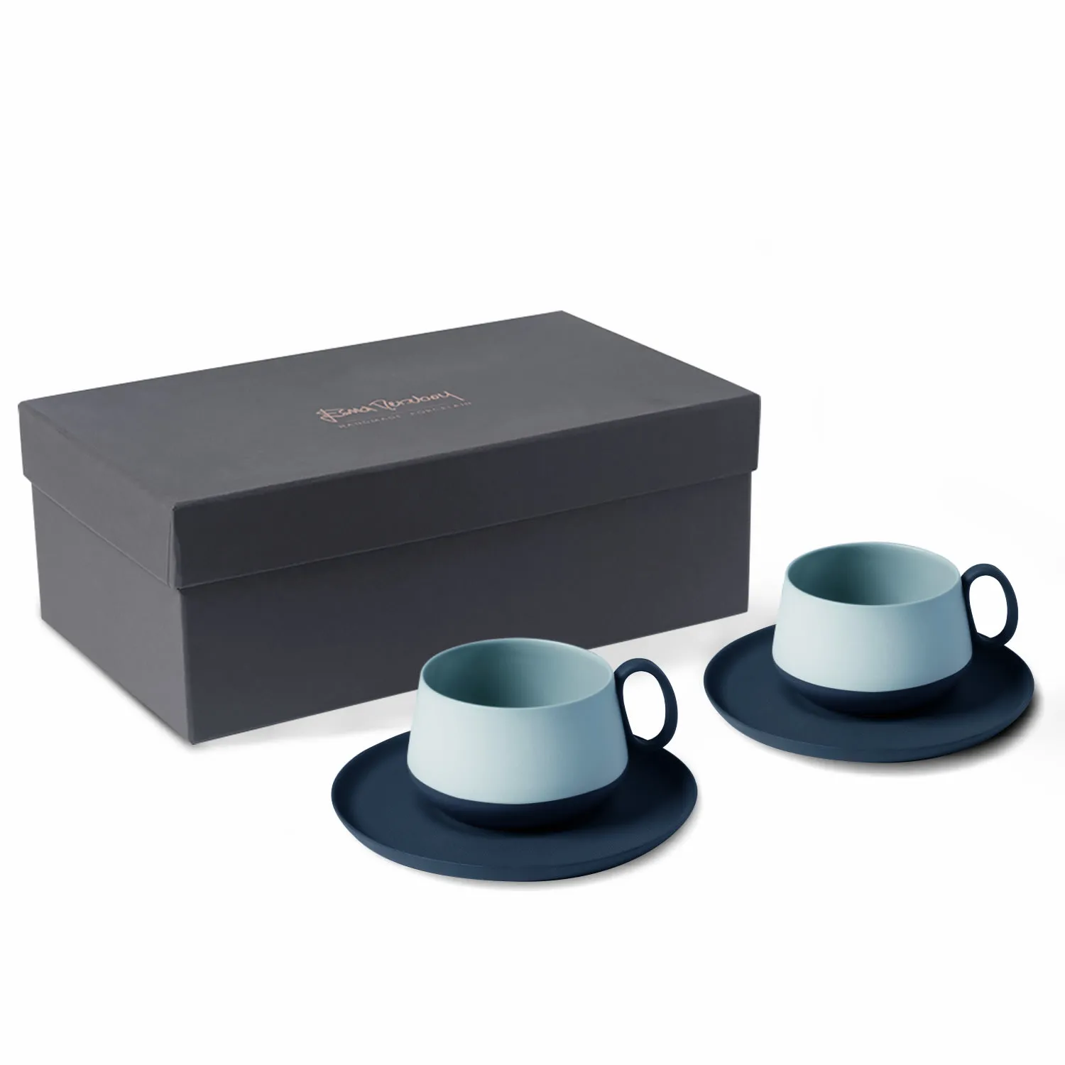 Tube Tea Cup Set of Two with Saucer - Blue, Porcelain