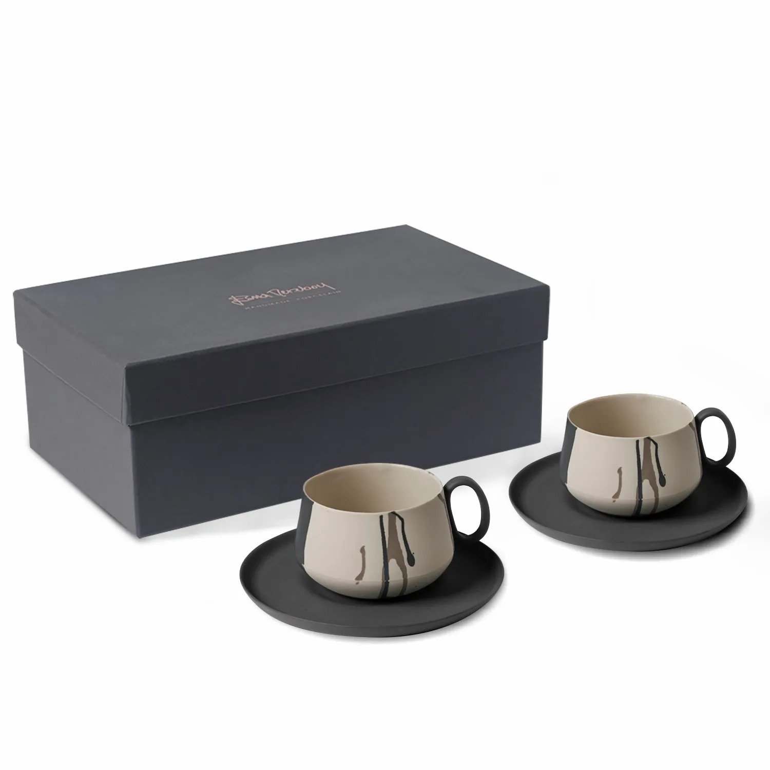 Tube Tea Cup Set with Saucer Set of 2 - Black, Porcelain