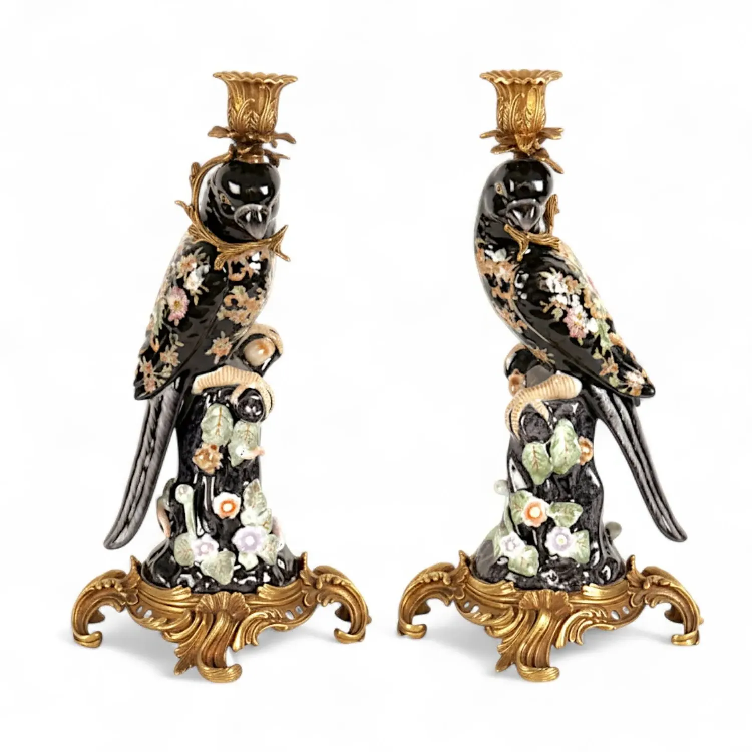 Hand-Painted Bird Candlesticks - Black, Porcelain Bronze