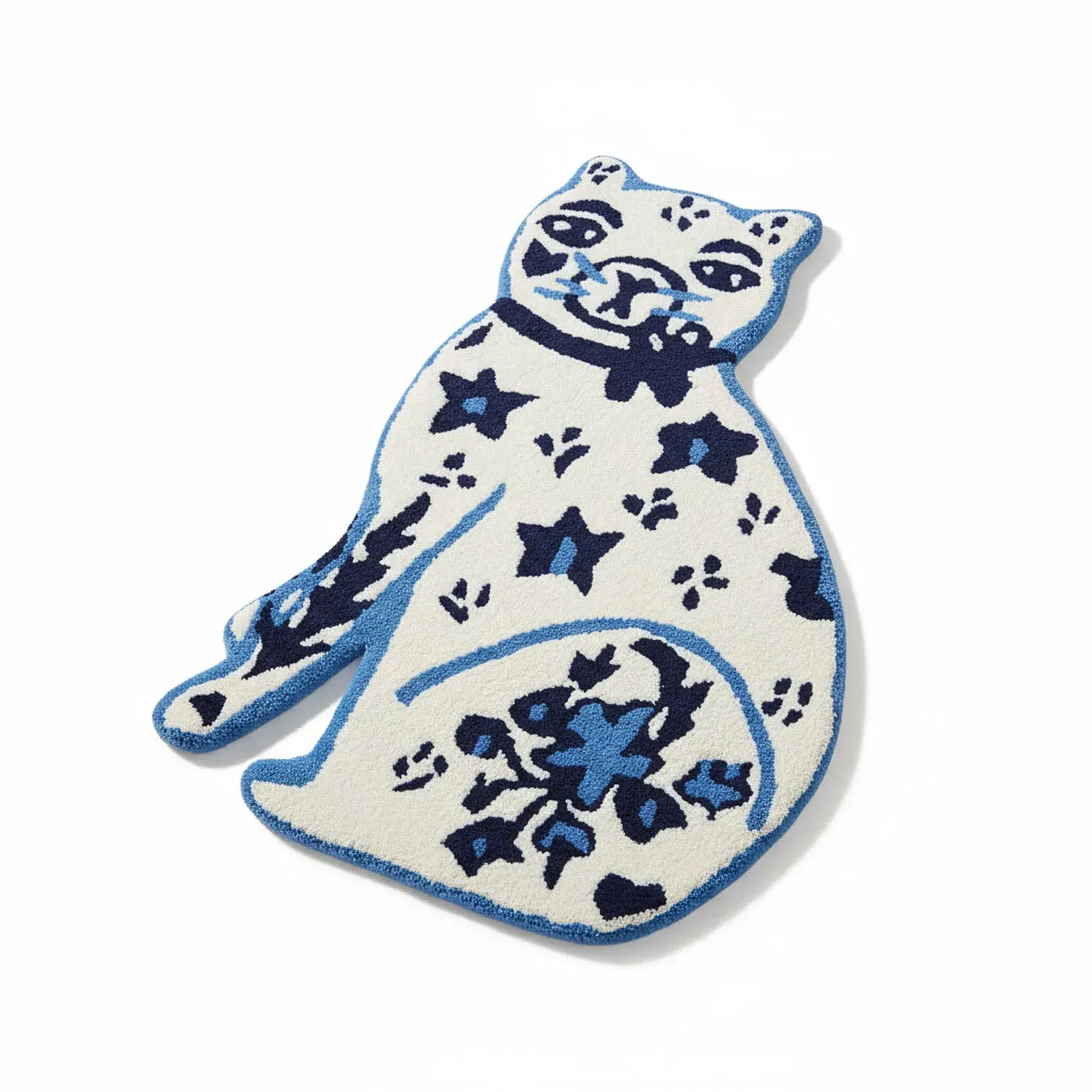 Large Hand-Tufted Cat Wool Rug - Blue, White image