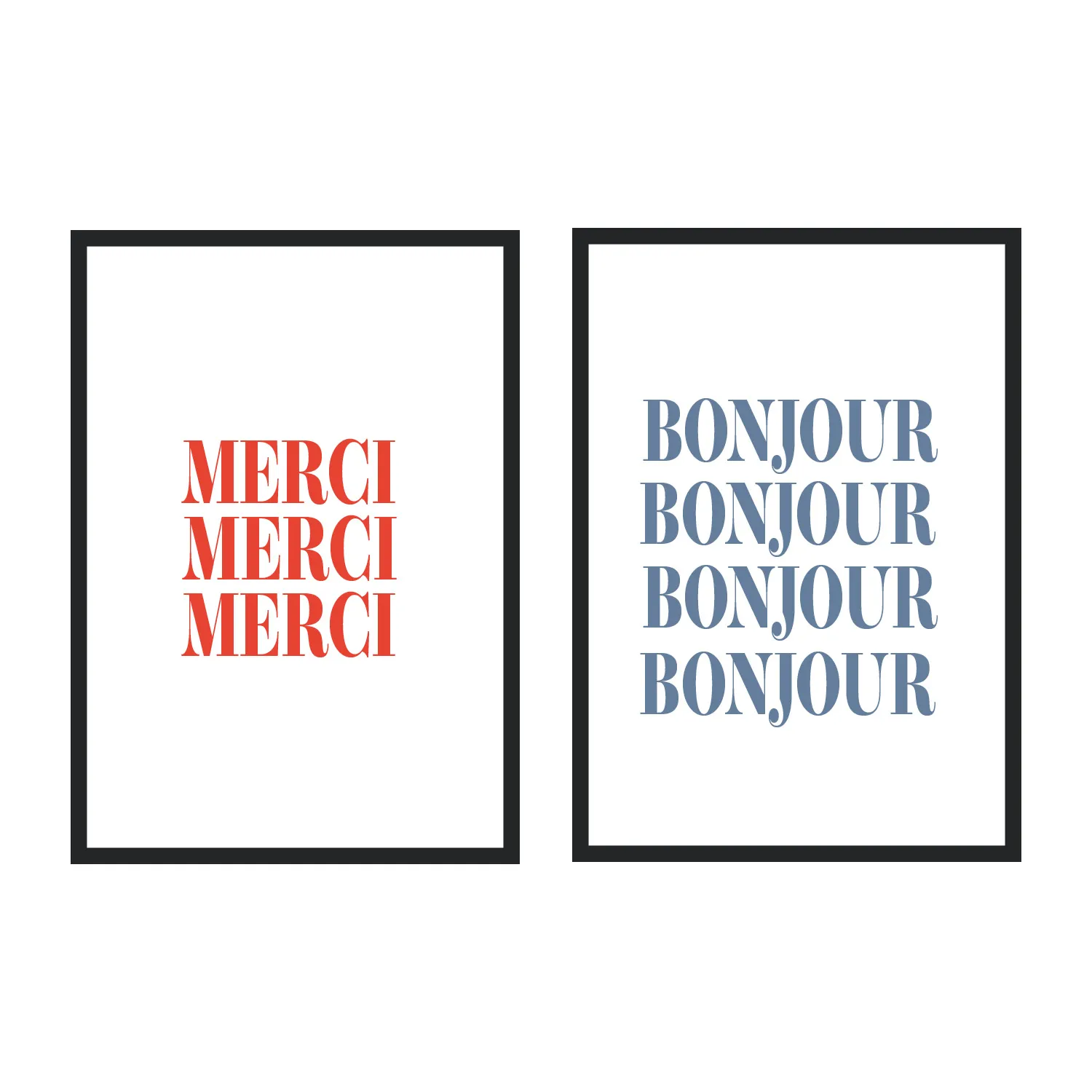 Bonjour And Merci A2 Art Print Set - Blue/Red