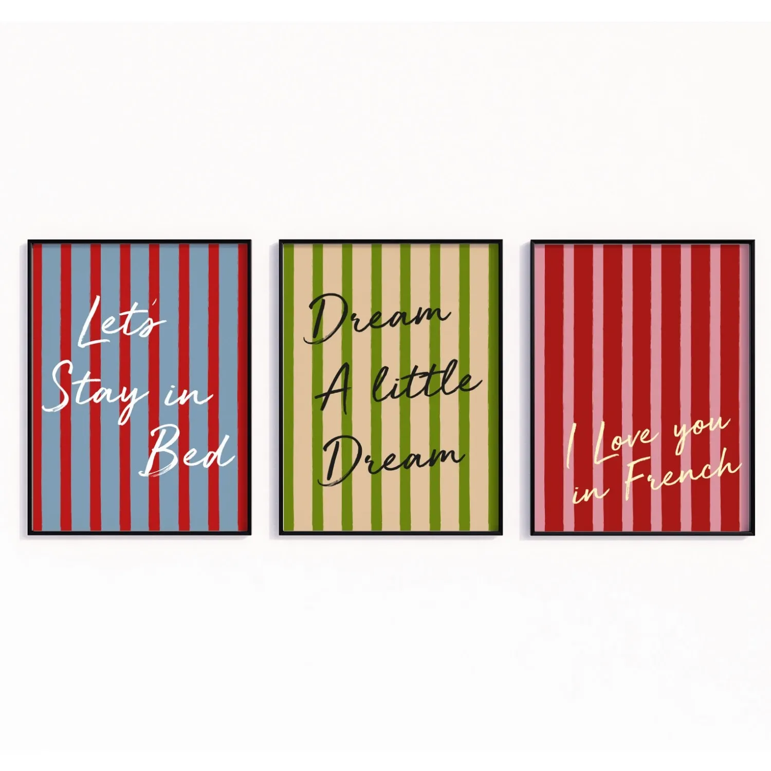 Set of 3 Striped Bedroom Sayings Art Print Gift Set A4