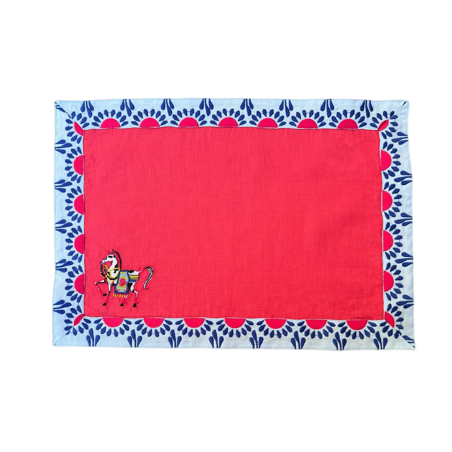 Horse Embroidered Extra Large Placemat Set - Pink, Linen