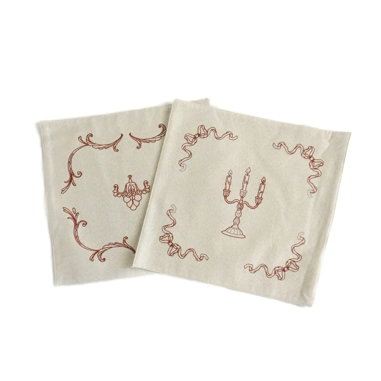 Medium Embroidered Tea Towel Set Candelabra Design - Red