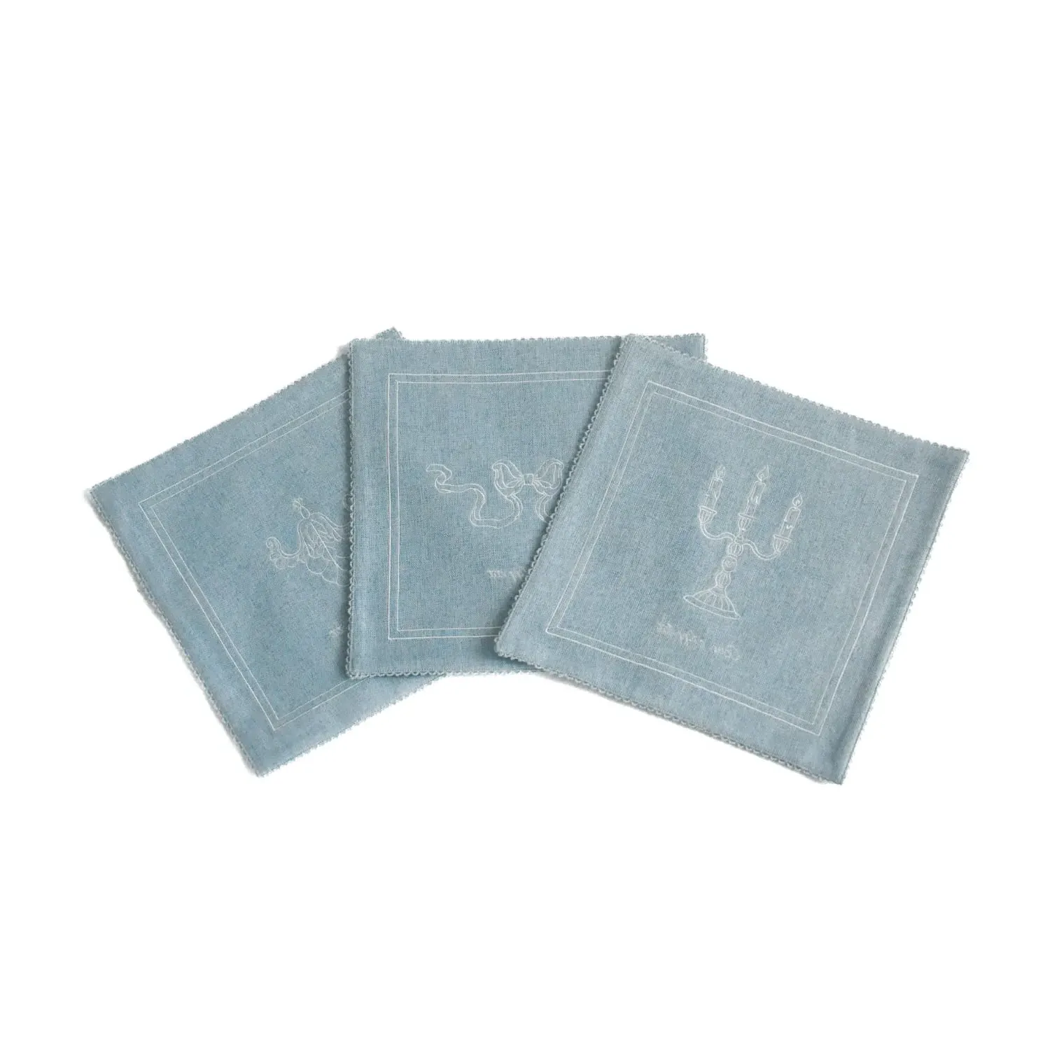 Small Embroidered Tea Towel Set Candelabra Design - Blue
