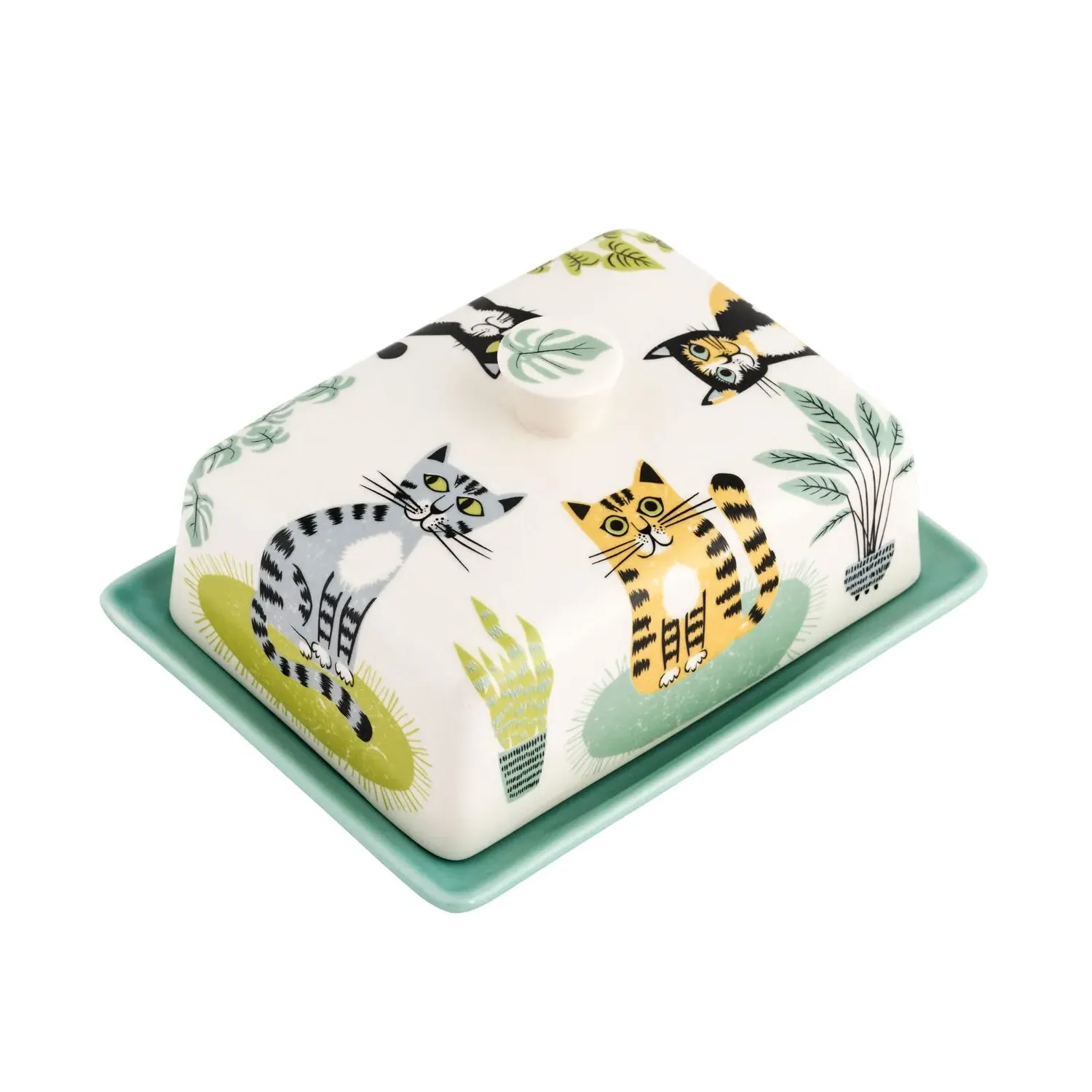 Cat Butter Dish - Green, Ceramic image
