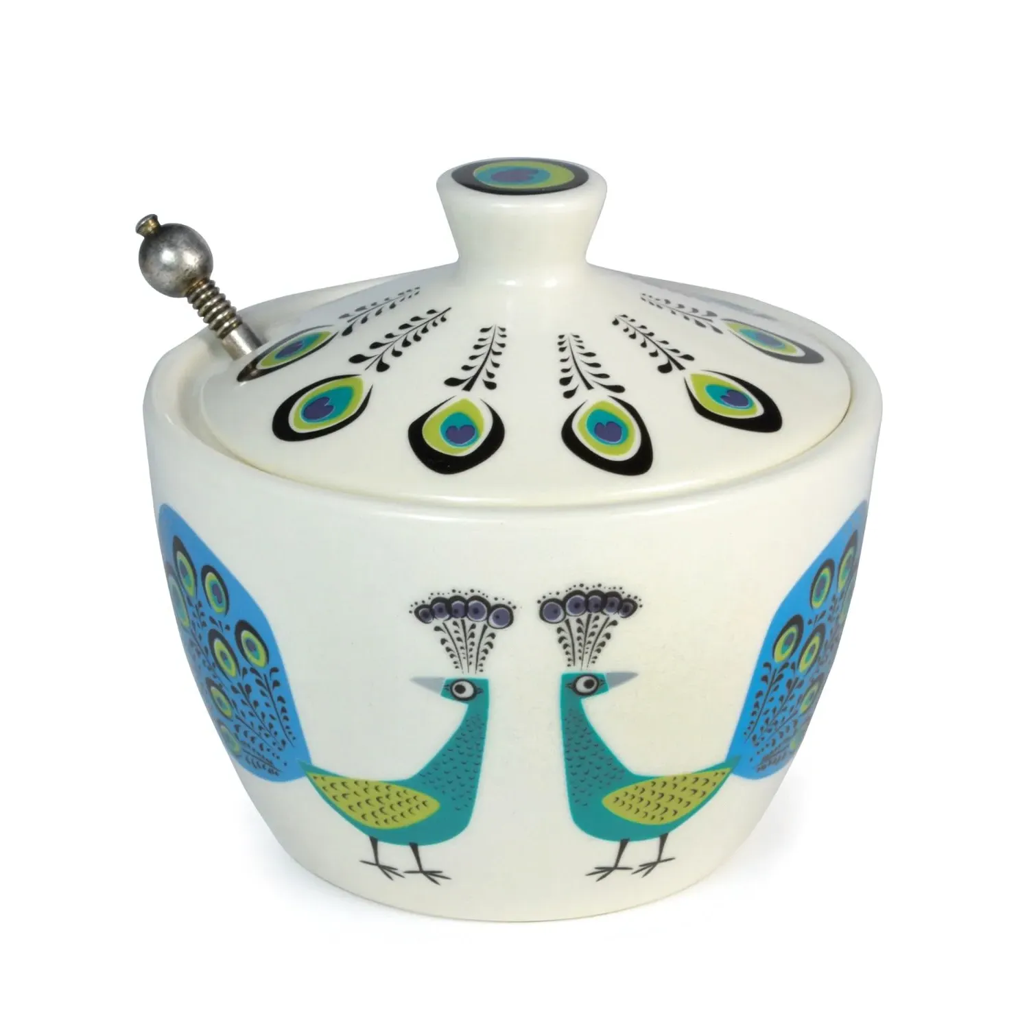Peacock Sugar Bowl with Lid - White/Blue, Ceramic