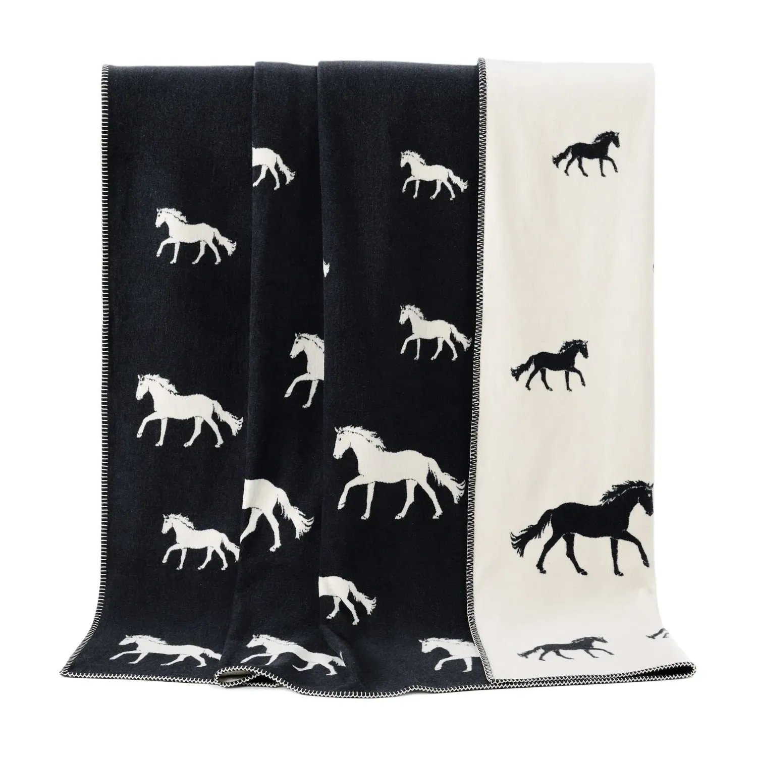 Black Horse Large Cotton Blanket - Black
