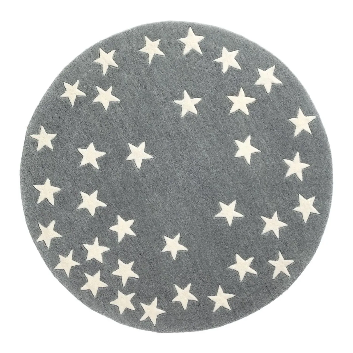 Round Hand-Tufted Wool Rug - Grey, White Stars