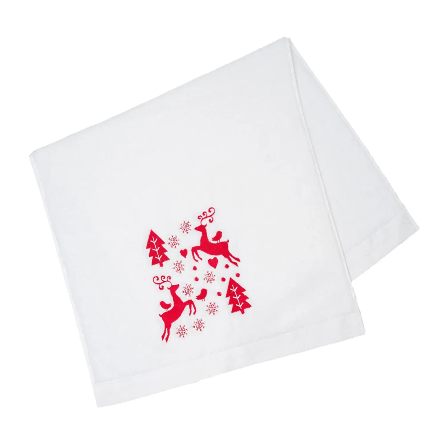 Christmas Deer Embroidery Face Towel - White, Cotton
